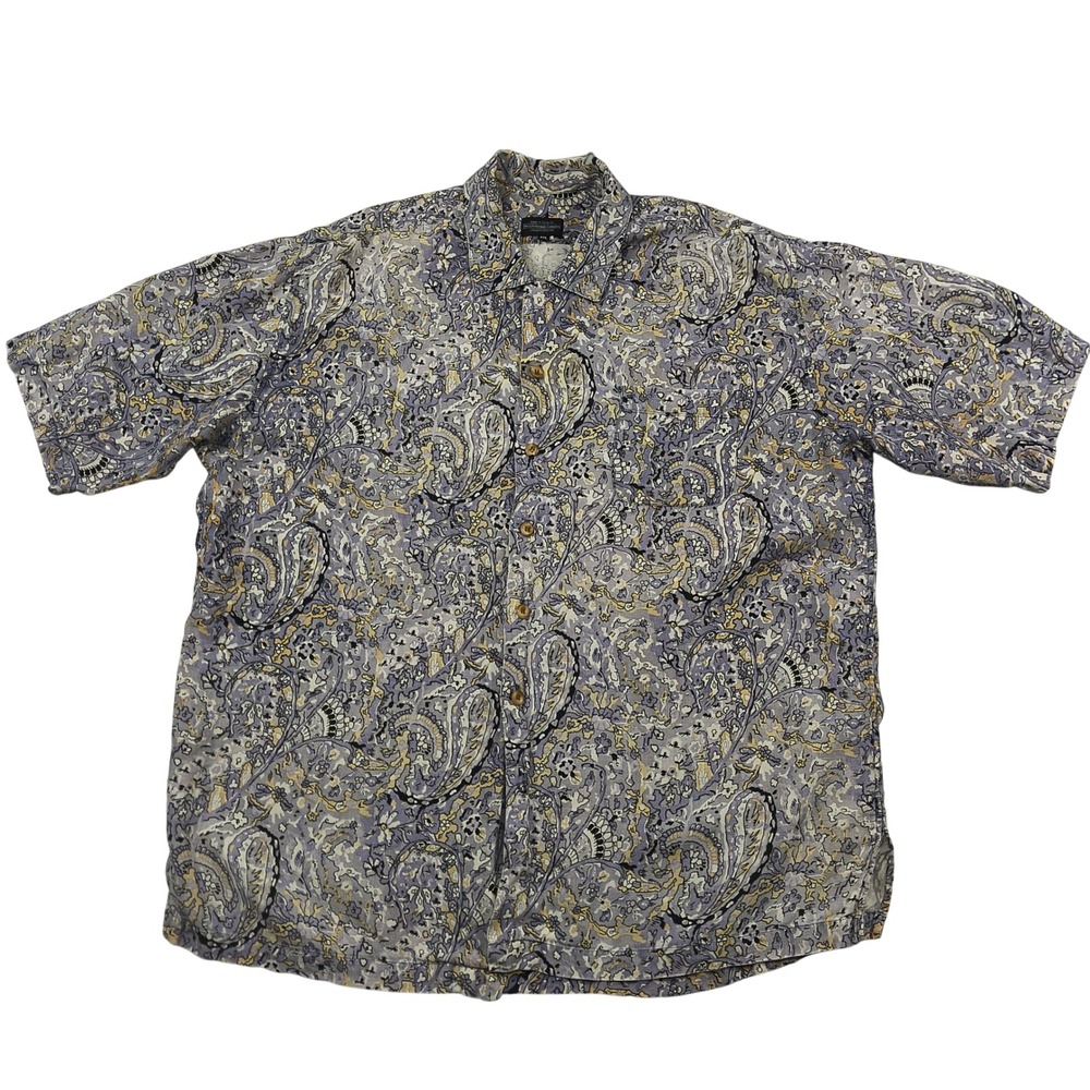 The J. Peterman Company Mens XXL Linen Paisley Short Sleeve Button Up Shirt Blue